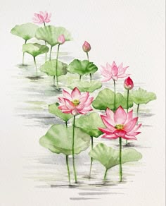 watercolor painting of pink flowers and green leaves