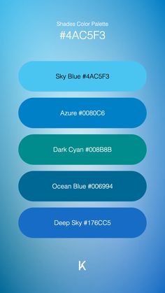 Shades Color Palette Sky Blue #4AC5F3 · Azure #0080C6 · Dark Cyan #008B8B · Ocean Blue #006994 · Deep Sky #176CC5 Cerulean Color, Dark Cyan, Hex Color Palette, Hex Colors, Summer Breeze, Ocean Blue, The Cool, Unique Colors, Blue Ocean