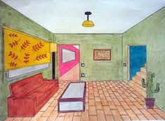 a drawing of a living room with green walls and tile flooring is shown in this image