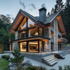 a modern house in the woods with stone and wood accents on the front, stairs leading up to the upper level