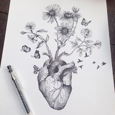 a drawing of a human heart with flowers and butterflies on the paper next to it