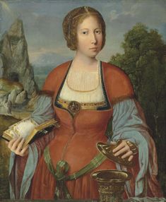 a painting of a woman holding a book and wearing a red dress with gold trim