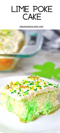 a close up of a piece of cake on a plate with shamrock leaves in the background