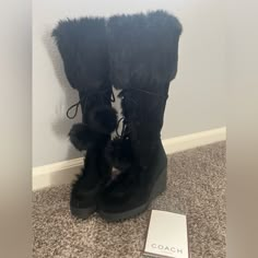 Coach Suede Rabbit Fur Boots Brand New With Box 3 1/2 Wedge Heel 3/4 Platform Super Comfortable Kitty Heel Boots, Winter Mcbling, 2000s Boots, Fluffy Boots Y2k, Black Fur Boots Outfit Y2k, 2000s Heels, Juicy Coutore Boots, Swaggy Shoes, Fur Boot Heels