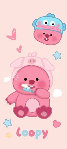 a pink teddy bear holding a toothbrush in its mouth with the words loopy above it