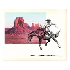 a man riding on the back of a brown horse in front of a desert landscape