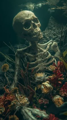 a skeleton sitting on the ground surrounded by plants and flowers in an underwater scene with water