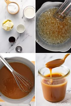 four pictures showing how to make caramel sauce