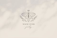 the logo for magic gems is shown with a butterfly on it's wings and leaves