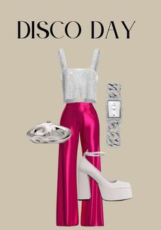 Disco Outfit White Boots, Disco Outfit With Sneakers, Disco Jumpsuit Outfit, Pink Disco Outfit Ideas, Disco Theme Outfit Women, Modern Disco Outfit For Women, Disco Fever Outfit, Disco Glam Party Outfit, Saturday Night Fever Party