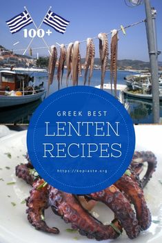 a white plate topped with octopus rings next to a blue circle that says greek best lenten recipes