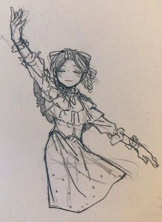 a drawing of a girl in a dress holding her arms up with one hand and the other