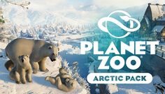 two polar bears are standing in the snow near a building and mountains with text that reads planet zoo arctic pack