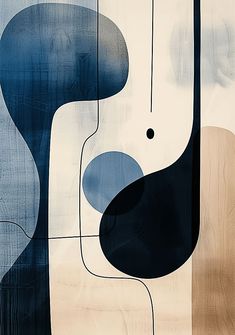 an abstract painting with blue, beige and black shapes