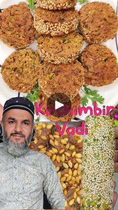 a man standing in front of a plate of food and an advertisement with the words kerumbin vadi on it