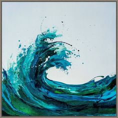 an abstract painting of blue and green waves