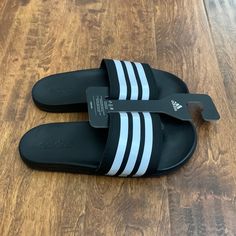 Adidas Men’s Adilette Cloudfoam Slides Black White Stripe Sandal Ap9971 Size 11 New With Tags Black Adidas Slides With Logo, Black Adidas Logo Slides, Adidas Black Slides With Logo, Black Adidas Logo Sandals, Adidas Black Sporty Slides, Sporty Black Adidas Slides, Adidas Black Slides For Sports, Black Adidas Slides For Summer, Black Slides For Training In Summer