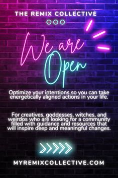 a neon sign with the words we are open on it in front of a brick wall