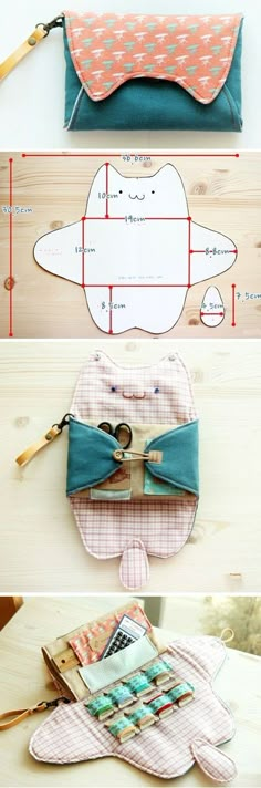 four different pictures showing how to make an origami bow tie purse with scissors