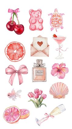 a watercolor painting of pink items and flowers