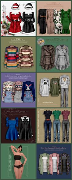 the different types of clothes are shown in this graphic style, including dresses and jackets