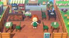 an animal crossing game with a girl standing in the middle of a patio area, surrounded by tables and chairs