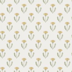 a white wallpaper with yellow flowers and green leaves on the bottom half of it