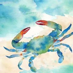 a painting of a blue crab in the ocean with watercolors on it's back