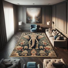 an elephant rug in the middle of a living room