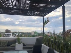 an outdoor seating area on the roof of a building with plants growing out of it