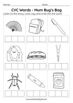 worksheet for the cvc words - mum bug's bag with pictures