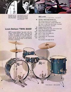 an advertisement for the beatles's blue drum set, with pictures of their drummers