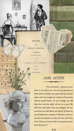 an altered collage of books and pictures with words written in english, french, and german