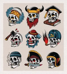 skull tattoos with different types of skulls and hats on the back of their heads, including one