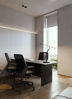 an empty office with two black chairs and a desk in front of a large window