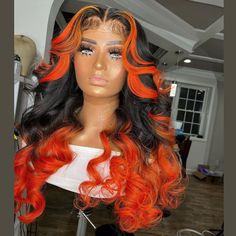 Real Human Hair Lace Front Wig Fire Ombre Hair, Black Hair Ombre, Skunk Stripe, Orange Highlights, Hair Color Orange, Loose Waves Hair, Black Ombre, Colored Wigs, Raw Hair