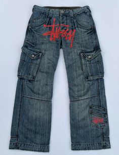 Junco Jeans, Stussy Jeans Outfit, Custom Jorts, Y2k Jean Pockets, Y2k Washed Blue Jeans With Pockets, Stussy Jeans, Y2k Fashion Pants, Y2k Dark Wash Streetwear Pants, Stussy Jorts