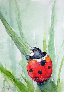 a watercolor painting of a ladybug sitting on top of grass