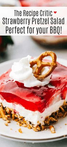 a piece of strawberry pretzel salad on a plate with the text overlay