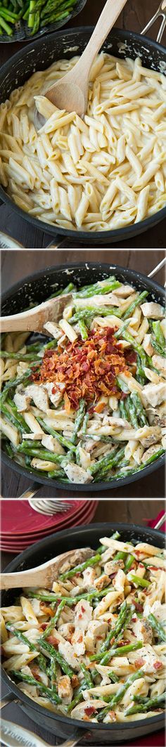 three pictures showing different types of pasta in pans