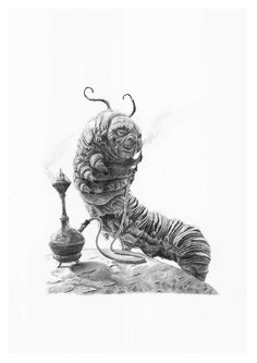 a black and white drawing of a caterpillar on a rock next to a lamp