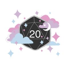 a black dice with the number twenty on it surrounded by stars and clouds in the sky