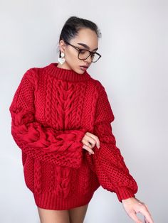 Large cable and aran sweater is hand knitted from an excellent quality merino wool blend in a rich red color. You can also change the color by selecting it in the last photo and indicating it in the "personalization" section. This sweater is unisex and comes in one size. Sweater parameters: Sweater length - 65 cm, Sweater width - 60-63 cm, Sleeve length from collar (with shoulder) -84 cm Red Oversized Sweaters, Luxury Oversized Red Sweater, Luxury Red Oversized Sweater, Oversized Merino Wool Cable Knit Sweater, Oversized Chunky Knit Sweater, Oversize Sweater, Aran Sweater, Womens Sweaters, Chunky Knit Sweater