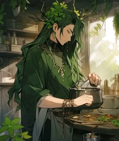 a woman with green hair cooking in a pot