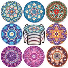 a set of six colorful plates with different designs on the front and back, all in different colors