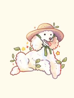 a drawing of a poodle wearing a hat and holding a green leaf in its mouth