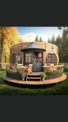 a round wooden structure sitting on top of a lush green field