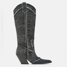 New Zara Denim Fabric Cowboy Boots. Rhinestone Detail And Frayed Seams Pointed Toe. Side Pull Tabs Aprox Heel Height 3” Denim Cowboy Boots, Vibram Boots, Denim Cowboy, Zara Ankle Boots, Rhinestone Denim, Womens Tall Boots, Suede Fringe Boots, White Cowboy Boots, Sequin Boots