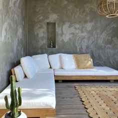 a white couch sitting on top of a wooden floor next to a potted cactus