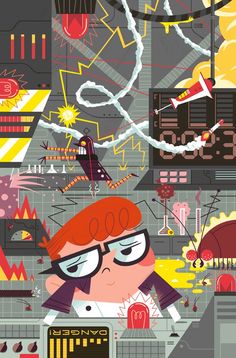 an illustration of a man with glasses on in front of a computer screen and various objects